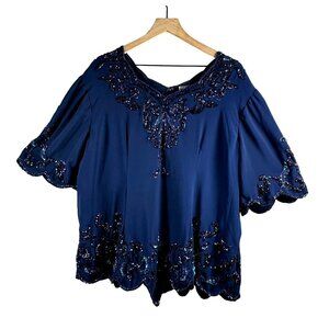 Creative Touch – Vintage Women's V-Neck Beaded & Embroidered Sequin Top- Size 2X